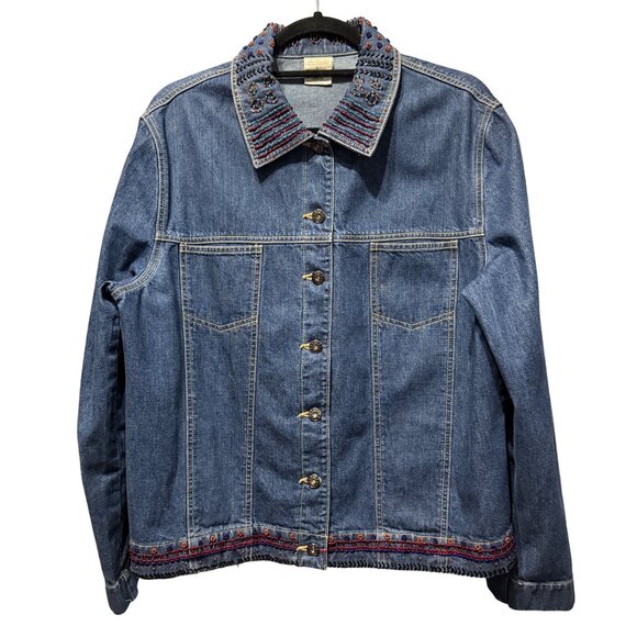 Westbound size L beaded collar hem  long sleeve blue denim jean jacket - Picture 1 of 9